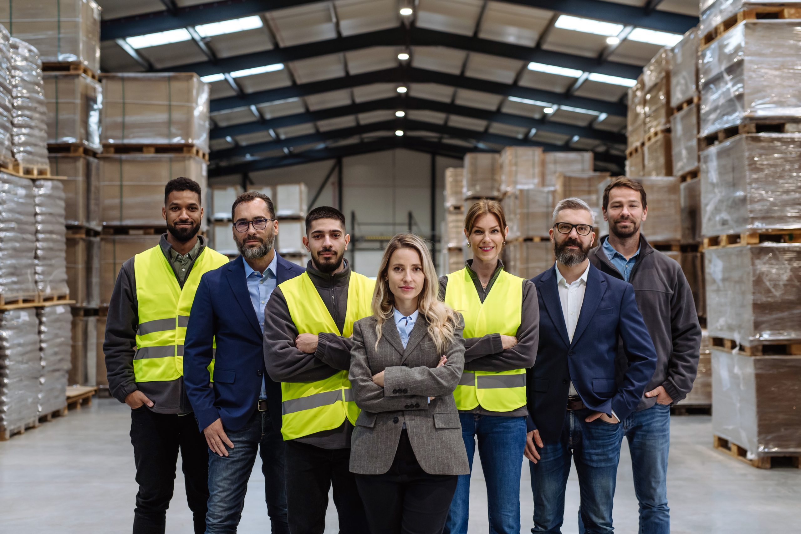 Full team of warehouse employees standing in warehouse. Team of workers, managers, female director in modern industrial factory, heavy industry, manufactrury.